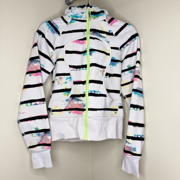 Lululemon Scuba Hoodie Size 4 Classic Lulu Rare White Paint Splash Stripe Print - Picture 10 of 12